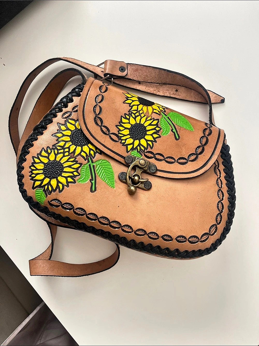 Sunflower Floral Crossbody leather Bag in Brown & Yellow